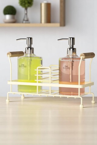Suntel 2 Li Metal Standlı Plastik Sıvı Sabun Şişesi Sabunluk 500 Ml Krem Bej