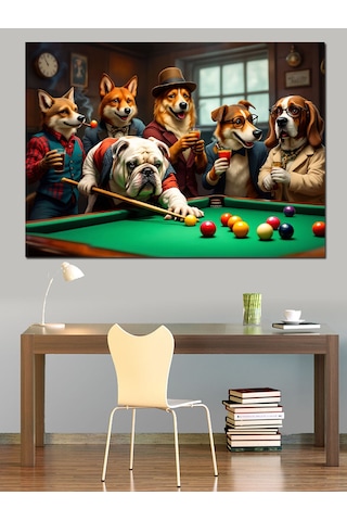 Bilardo Masasında Köpekler Dekoratif Kanvas - Mdf Ahşap Tablo