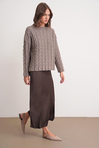 6973 Kadın Saç Örgülü Regular Basic Triko Kazak Toprak Toprak