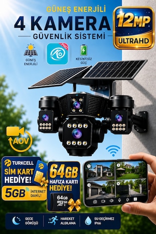 O-kam Ok333 Premium Serisi 12mp 4 Kameralı 4g Çift Solar Panel Gece Görüş Güvenlik Kamerası Turkcell Sim Kart + 64gb Hafıza Kartı