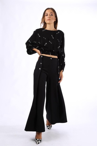 Modatalika Bayan Günlük Çengeli İğne Desenli Siyah Bluz Siyah