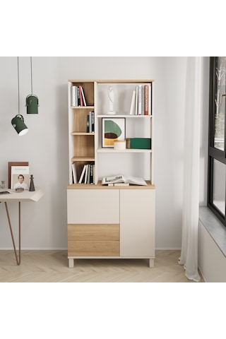 Robin Home Urban Kitaplık Raf Ahşap Ayaklı 188cm 2 Kapaklı 2 Çekmeceli Kumsal-sepet Bej