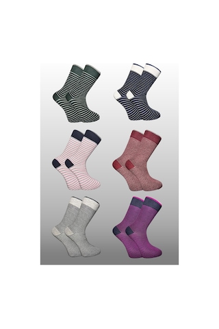Erkek Çok Renkli Soket Uzun Çizgili Desenli Çorap Dikişsiz 6'lı Paket Çok Renkli