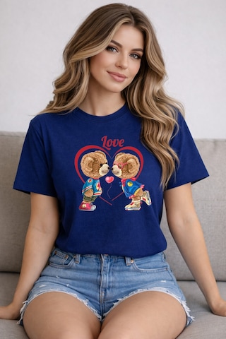 Herkesemoda Love Ayıcık Baskı Detaylı Basic T-shirt Lacivert