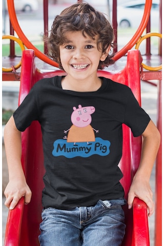 Sevbano Anne Pig Peppa Pig Baskılı Unisex Çizgi Film Çocuk Tişört 1-12 Y Siyah