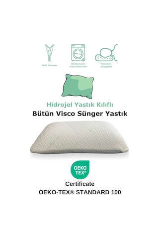 Rudu Hidrojel Hydrogel Kılıf Visco Visko Bütün Sünger Yastık 60x40x15 Cm 1350 Gr Omuz/boyun Destekli Beyaz - Yeşil