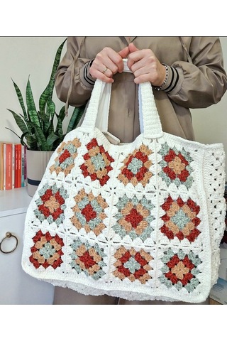 Motifli Büyük Boy Kadife Omuz Çantası , Xxl Kışlık Çantalar Ekru