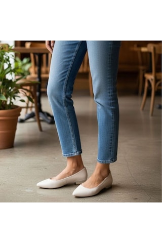 Ne&ve Shoes Bej Hakiki Deri Sivri Burun Şık Ve Rahat Günlük Babet