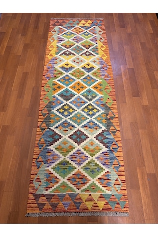 El Dokuma Afgan Kilim Yolluk 100% Yün Kök Boya Çok Renkli