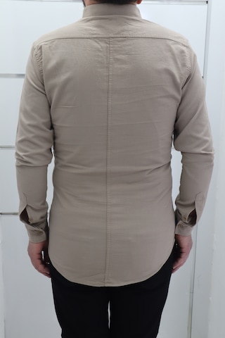 Becces Dmctekstil Erkek Kahverengi 010 Düz Spor Kesim Dar Kalıp Cepsiz Uzun Kollu Yazlık Keten Gömlek