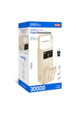 Acl Pw-112 22.5w Outdoor Hızlı Şarj Powerbank Beyaz 30.000mah Kapasite, Çoklu Usb Çıkış, Dahili Ka Krem
