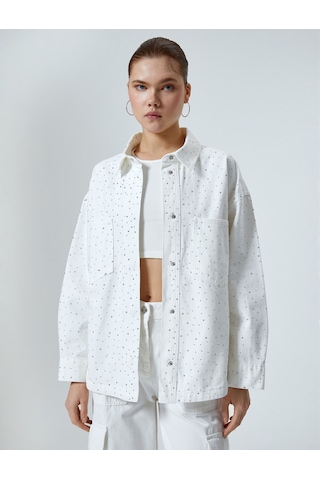 Koton Oversize Taşlı Gömlek Ceket Ekstra Uzun Cepli Beyaz 4sal50005md Beyaz