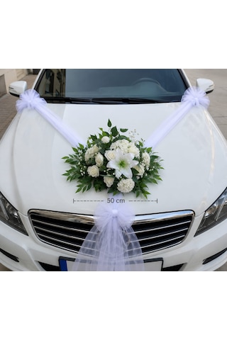 50 Cm Vantuzlu Gelin Arabası Süsü Beyaz Lilyum Ve Güllü 2 Metre Beyaz Tül Dahil Düğün Arabası Kaput Süsü Çok Renkli