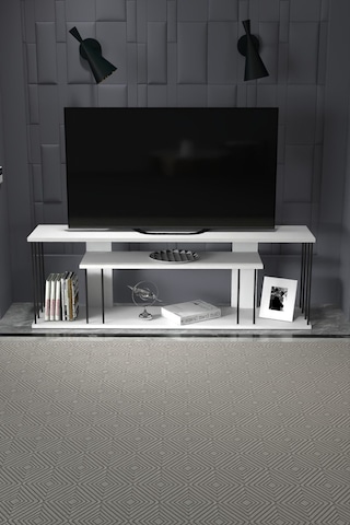 Tv Sehpası Tv Ünitesi Raflı 140 Cm Gzd Plus Beyaz Beyaz