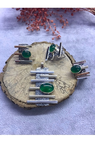 Nsa Gümüş Yeşil Akik Taşlı 925 Ayar Doğal El İşi Gümüş Set