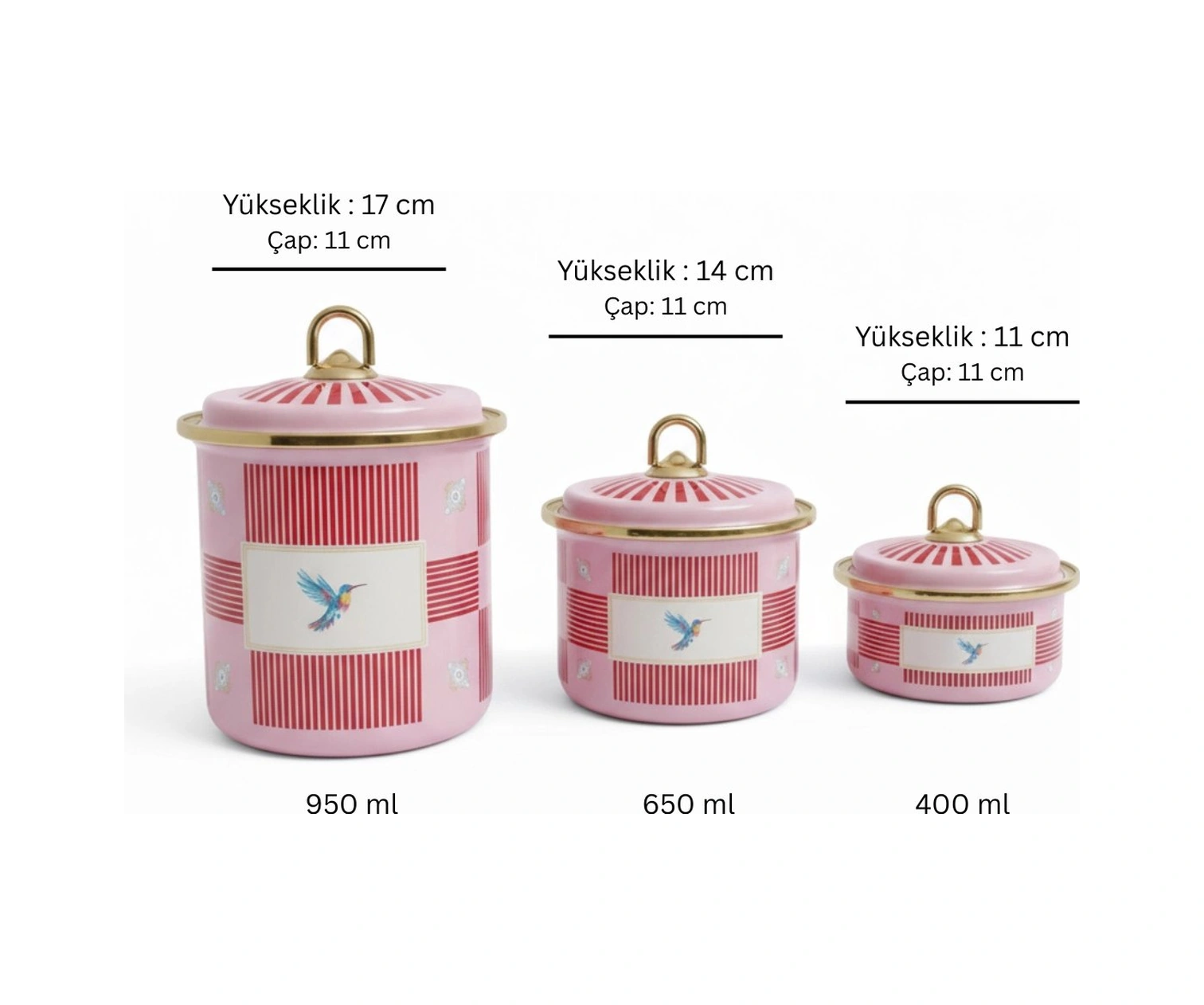 3 Lü Bird Studio Pembe Renk Kuş Desenli Emaye Tezgah Üstü Kavanoz Takımı - 950-650-400 Ml. Pembe