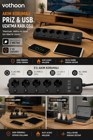 Akım Korumalı 5 Li Priz 2xusb 2xtype-c Çıkış Akım Koruma Çoklu Priz Çoğaltıcı Anahtarlı Ftr-31 Siyah 2 M