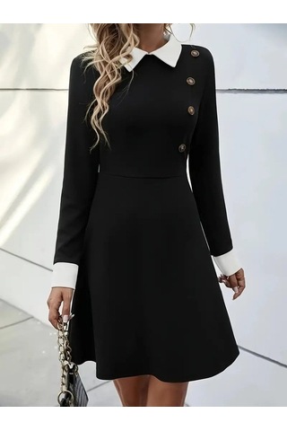 Moderie Butik Kadın Uzun Kollu Yakalı Düğmeli Kısa Modal Mini Elbise Siyah