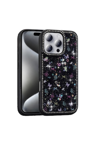 Apple Uyumlu iPhone 16 Pro Max Kılıf Taşlı Ve Simli Tasarım Mkst Azra Kapak - Gold Altın