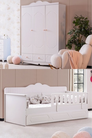 Flower Çocuk Odası Takımı, Flower Yavrulu Karyola, 3 Kapaklı Dolap - Beyaz Renkli
