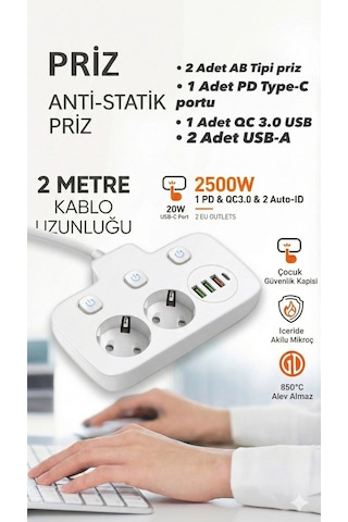 Akım Korumalı 2500w Güçlü 3 Usb + Type-c Portlu Çoklu Priz Hızlı Şarj, Çocuk Kilidi, 2 Metre Standart