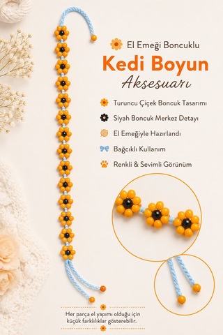 El Yapımı Boncuklu Kedi Boyun Aksesuarı Turuncu Çiçekli Bağcıklı Dekoratif Kedi Tasması