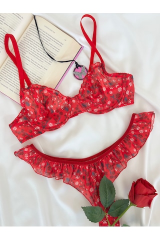 Arinda Butterfly Kırmızı Tül Çiçek Desenli Balenli Kapsız Fırfırlı Bralette Sütyen Tanga İç Çamaşırı Takımı Alt Üst 2 Parça