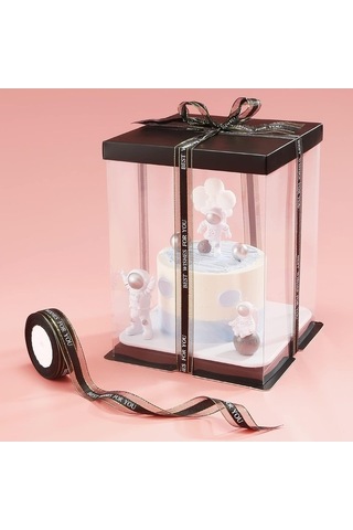 Bloomnest 5 Parça 8-9 İnç Kurdeleli Şeffaf Pasta Kutusu, 6-7 İnç Pasta Ambalajı, Nakliye İçin Siyah