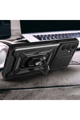 Samsung Uyumlu Galaxy A15 Kılıf Magnetik Standlı Kamera Korumalı Zore Sürgülü Vega Kapak Siyah