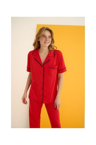 Elitol Viskon Düğmeli Pijama Takımı Kırmızı-9