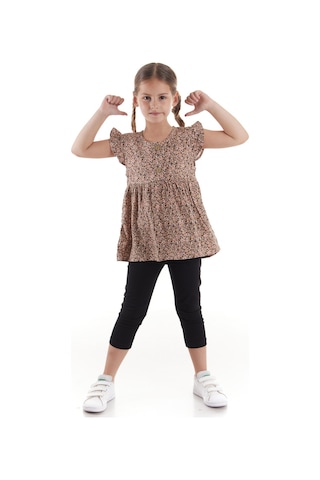 Ahengim Kız Çocuk Takım Vizkon Baskılı Taytlı Alt Üst Takım Pamuklu Ak2522 Bej