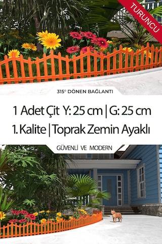 Dekoratif Plastik Bahçe Çiti Ve Peyzaj Çiti 1 Adet Çit Y: 25 Cm / G: 25 Cm Toprak Ayaklı - Turuncu