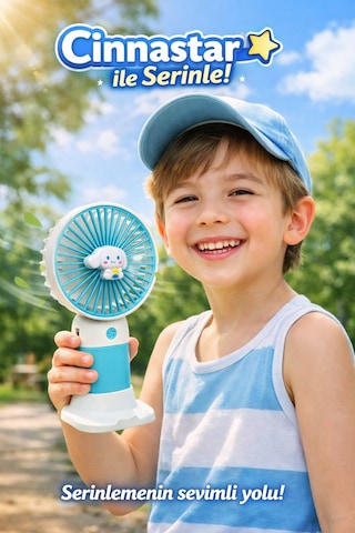 Jasper Turkuaz-beyaz Cinnamoroll Figürlü Taşınabilir Standlı Serinletici Fan 3 Hız Ayarlı , Typ-c Şarjlı Fan Masaüstü Fa