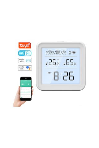 Leezsing Tuya Wifi Isı Ve Nem Sensörü, Akıllı Uygulama Kontrolü, Alexa/google Home Uyumlu, Veri Kaydı, Alarm Fonksiyonu, Geri Aydınlatma Th08