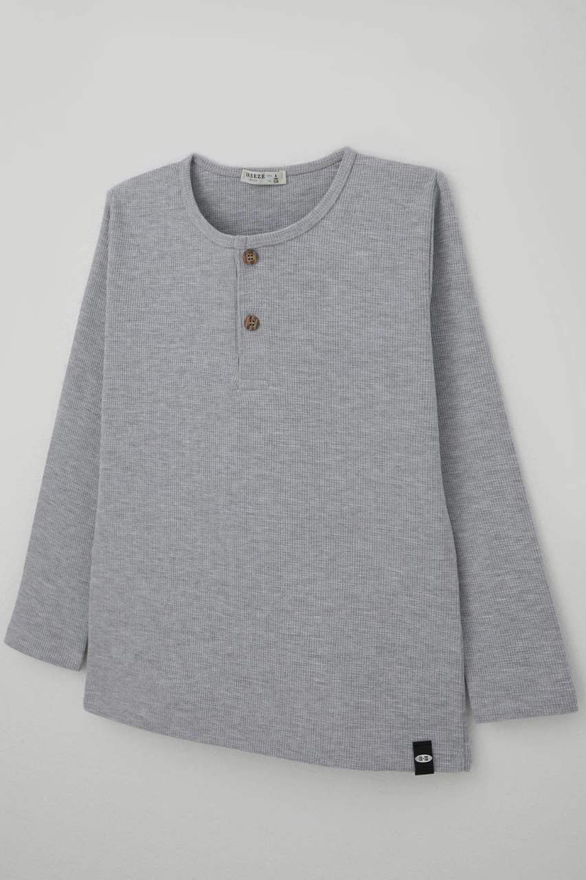 Breeze Erkek Çocuk Uzun Kollu Tişört Düğme Detaylı 4-8 Yaş, Açık Gri Melanj Açık Gri Melanj