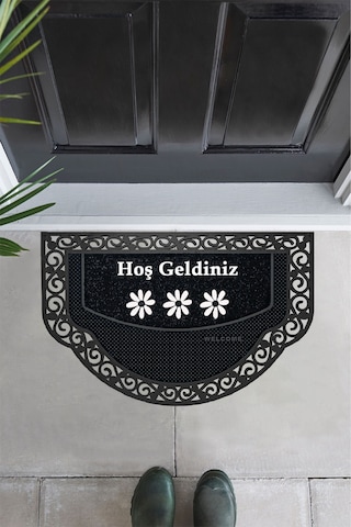 Yarım Ay Modeli Hoş Geldiniz Yazlı Çiçek Desenli Kapı Önü Paspası Siyah