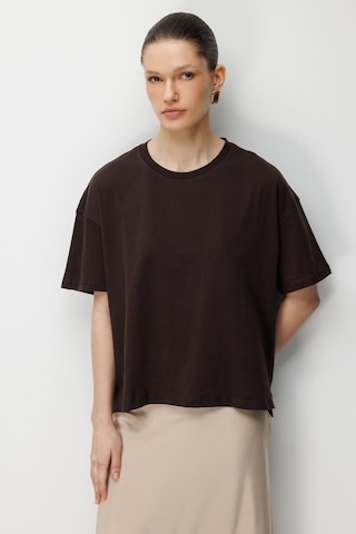 Mixray 4852 Kadın Yırtmaçlı Oversize Basic %100 Pamuk T-shirt Kahve Kahverengi