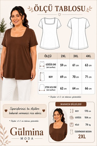 Gülmina Moda Kadın Kare Yaka Büyük Beden Bluz - Kahverengi