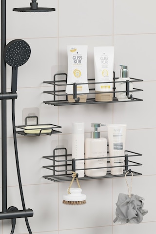 Zabata 7 Parça Yapışkanlı Full Banyo Seti Duş Rafı Havluluk Tuvalet Kağıtlık Sabunluk Diş Fırçalık Siyah