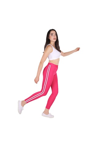 Kadın Şerit Çizgili Detay Yüksek Bel Spor Tayt Pembe