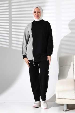 Kadın Mevsimlik Alt Ve Üst Rahat Siyah Spor Tesettür Takım Siyah