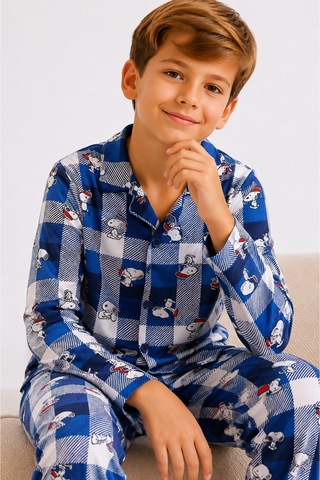 Free Beka Erkek Çocuk Önden Düğmeli Kareli Ve Karakter Desenli Uzun Kollu Pijama Takımı Lacivert