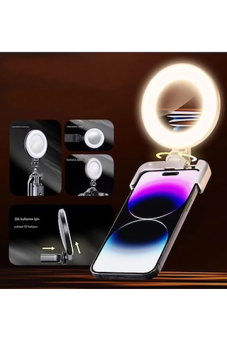 Şarjlı Aynalı Selfie Video Kamera Işık Tripod Uyumlu Dimmer 3 Renk Çekim Işığı Telefon Kamera Uyumlu