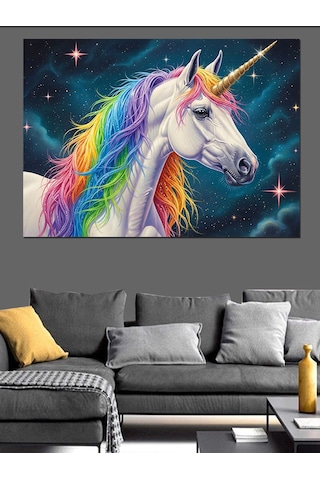 Uzayda Renkli Tekboynuzlu Unicorn At Dekoratif Kanvas - Mdf Ahşap Tablo