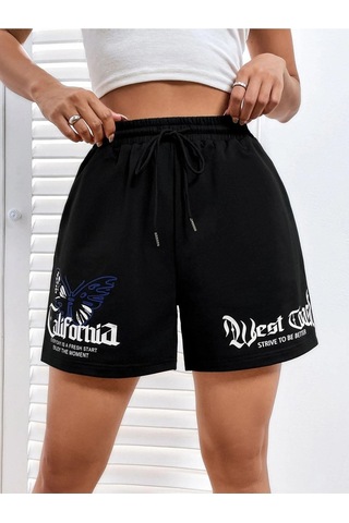 Siyah Kısa Californi West Coast Şort - Penye Baskılı Kordonlu Siyah