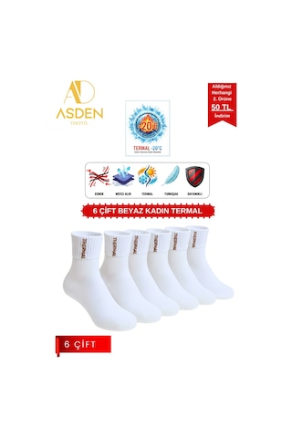 Asden Tekstil 6 Çift Kadın Termal Havlu Çorap - Kışlık Yumuşak - Premıum Pamuk - Burun Dikişsiz Beyaz 6 Çift Beyaz