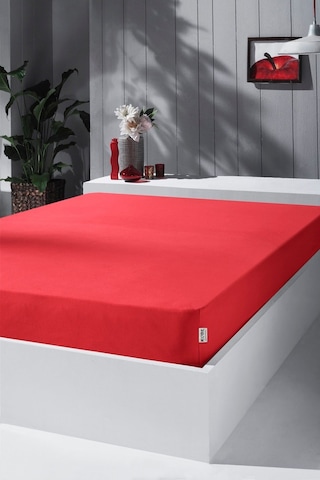 Penye Lastikli Çarşaf, Battal Çift Kişilik , Kırmızı, %100 Pamuk Örme Kumaş, 130 Gr/m² Kırmızı