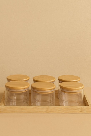 6 Borosilikat Cam Kahvaltılık Bambu Tepsili -bambu Kapaklı Kahvaltilik- 90 X 70 Mm Beyaz