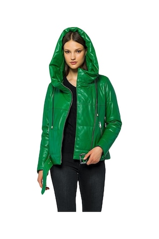 Basics&more Kadın Kapüşonlu Şişme Hakiki Deri Ceket - Elle 001