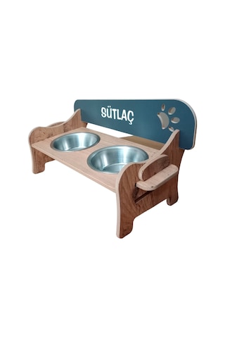 Realwood Özel İsim Baskılı Ahşap Kademeli Eğimli Kedi Köpek Kasesi